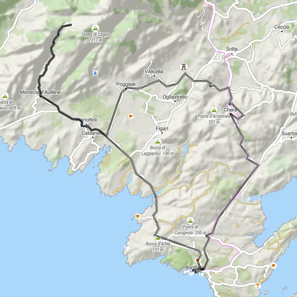 Miniature de la carte de l'inspiration cycliste "La Boucle des Villages Corse" dans la Corse, France. Générée par le planificateur d'itinéraire cycliste Tarmacs.app