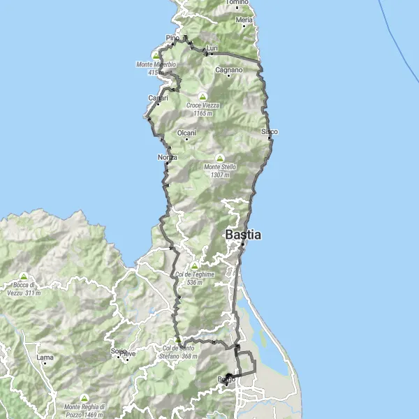 Map miniature of "Tour de Cap Corse" cycling inspiration in Corse, France. Generated by Tarmacs.app cycling route planner