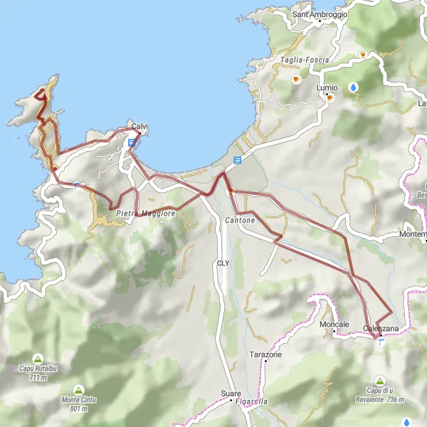 Miniature de la carte de l'inspiration cycliste "Sentier Gravel de Calenzana" dans la Corse, France. Générée par le planificateur d'itinéraire cycliste Tarmacs.app