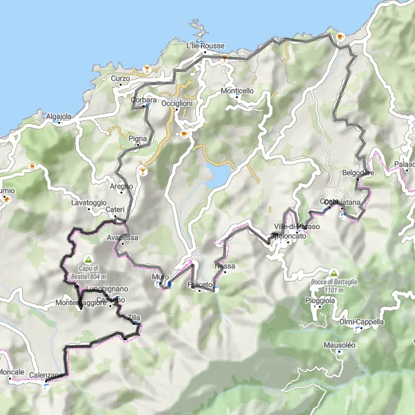 Miniature de la carte de l'inspiration cycliste "Boucle de Zilia et Capu di Bestia" dans la Corse, France. Générée par le planificateur d'itinéraire cycliste Tarmacs.app