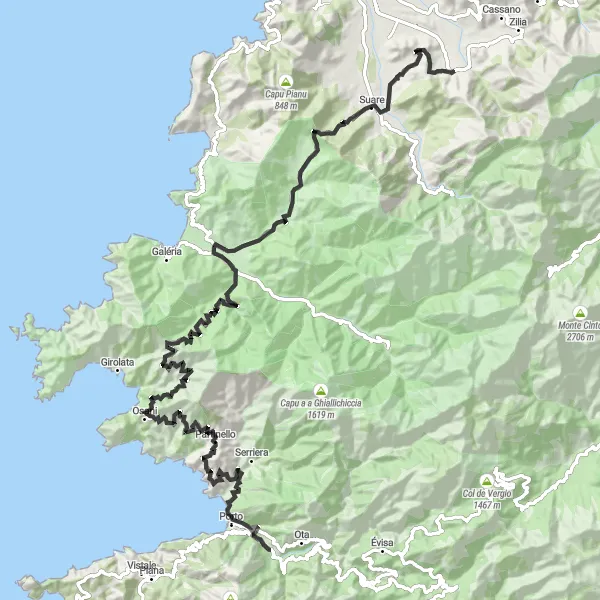 Miniature de la carte de l'inspiration cycliste "Grande Boucle de Calenzana" dans la Corse, France. Générée par le planificateur d'itinéraire cycliste Tarmacs.app