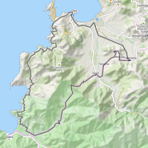Miniature de la carte de l'inspiration cycliste "Escapade à Calvi" dans la Corse, France. Générée par le planificateur d'itinéraire cycliste Tarmacs.app