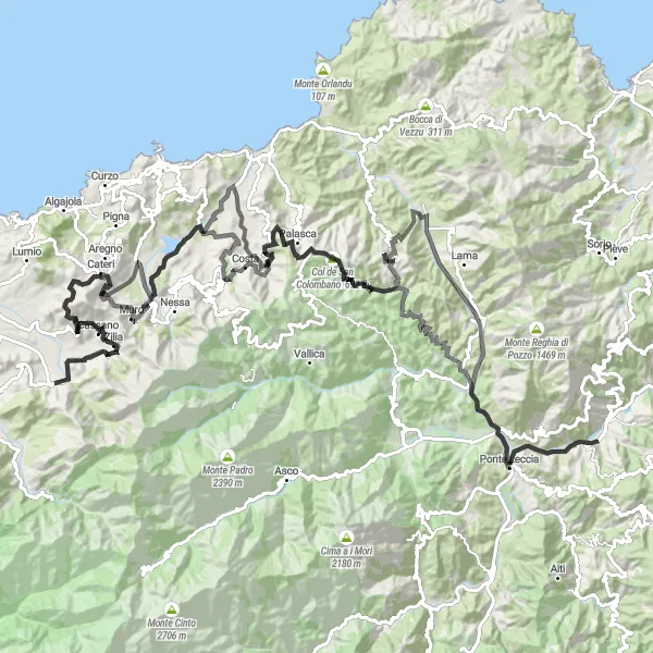 Miniature de la carte de l'inspiration cycliste "Défi Cycliste Autour de Calenzana" dans la Corse, France. Générée par le planificateur d'itinéraire cycliste Tarmacs.app