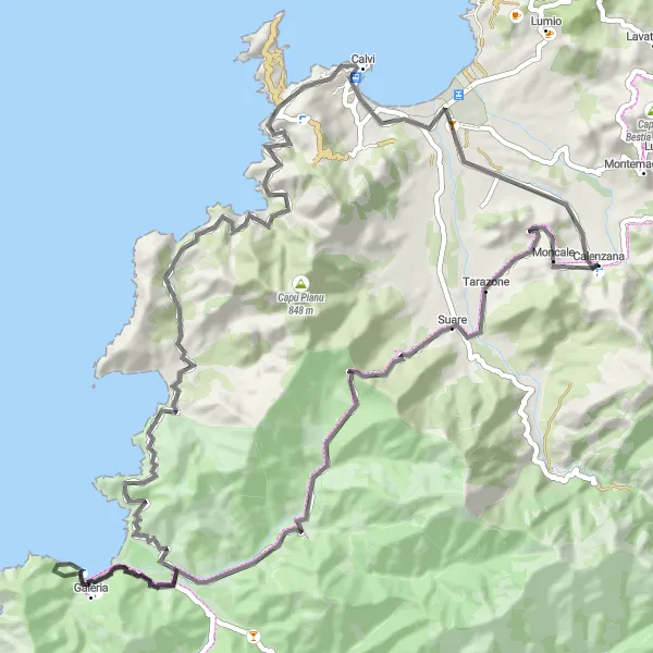Miniature de la carte de l'inspiration cycliste "Parcours côtier de Calenzana à Calvi" dans la Corse, France. Générée par le planificateur d'itinéraire cycliste Tarmacs.app