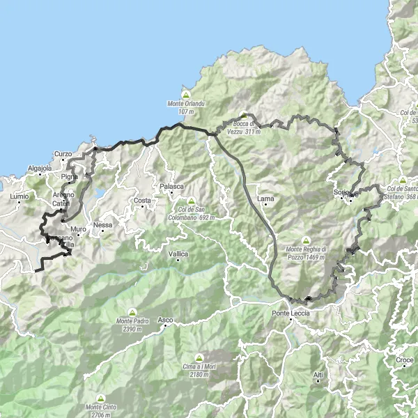 Miniature de la carte de l'inspiration cycliste "Défi Montagne et Mer autour de Calenzana" dans la Corse, France. Générée par le planificateur d'itinéraire cycliste Tarmacs.app