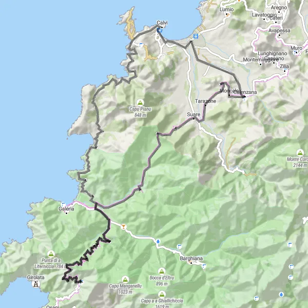 Map miniature of "Moncale to Calenzana Grand Tour" cycling inspiration in Corse, France. Generated by Tarmacs.app cycling route planner