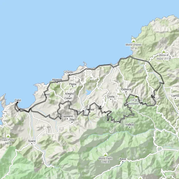 Map miniature of "Coastal Beauty and Legendary Climbs" cycling inspiration in Corse, France. Generated by Tarmacs.app cycling route planner