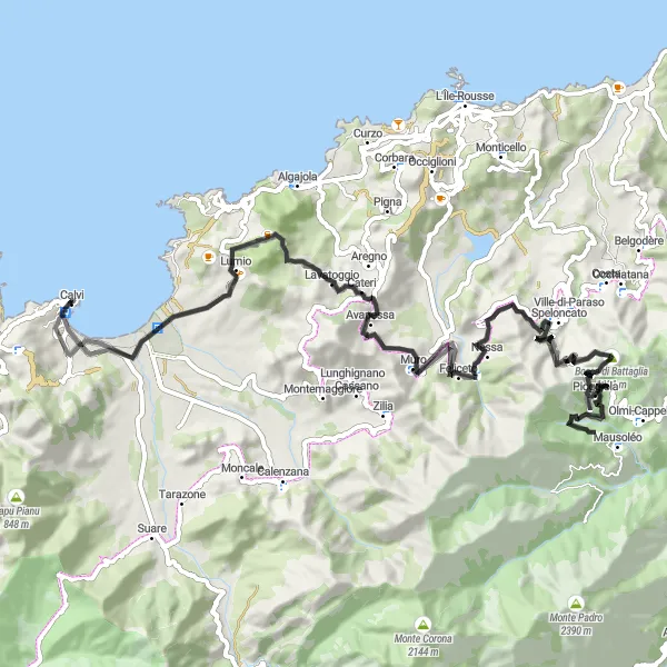 Miniature de la carte de l'inspiration cycliste "Tour des villages perchés" dans la Corse, France. Générée par le planificateur d'itinéraire cycliste Tarmacs.app