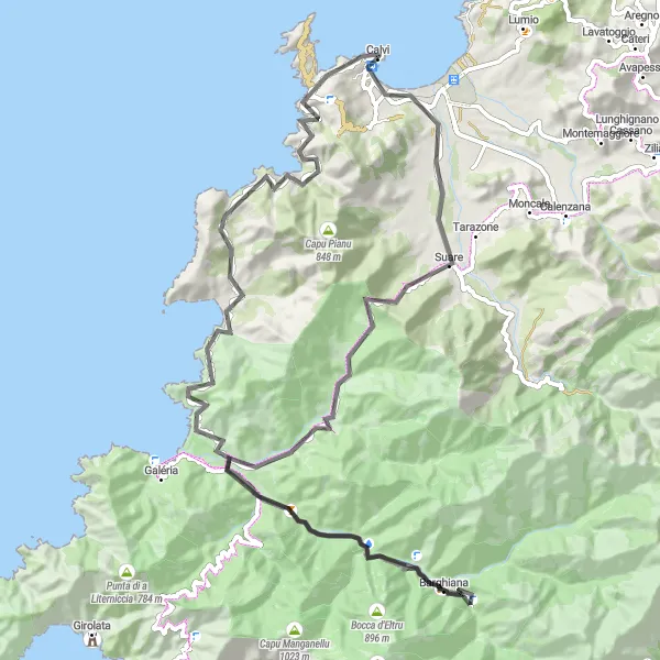 Map miniature of "Mountain Passes and Historic Monuments" cycling inspiration in Corse, France. Generated by Tarmacs.app cycling route planner