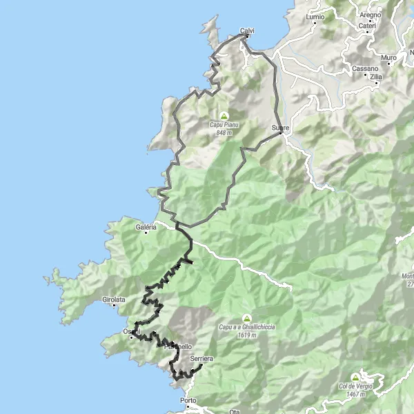 Map miniature of "Calvi to Capu Cadamalzi Loop" cycling inspiration in Corse, France. Generated by Tarmacs.app cycling route planner