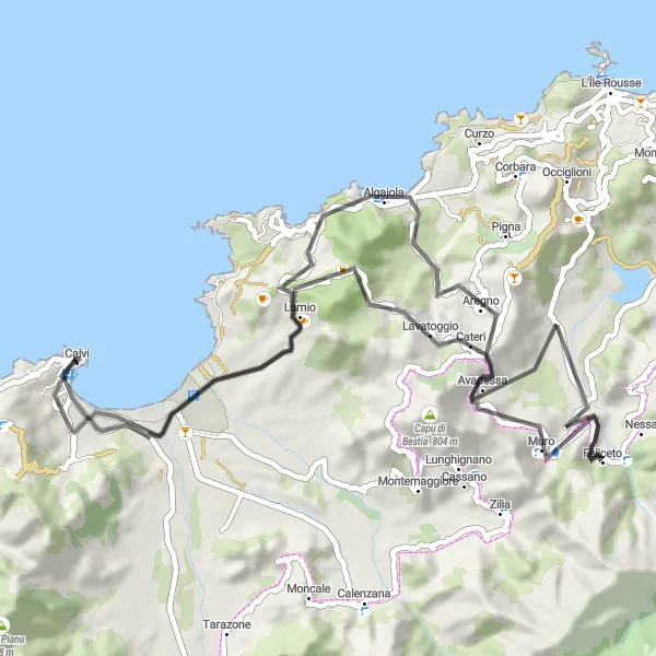 Map miniature of "Calvi View and Coastal Villages" cycling inspiration in Corse, France. Generated by Tarmacs.app cycling route planner