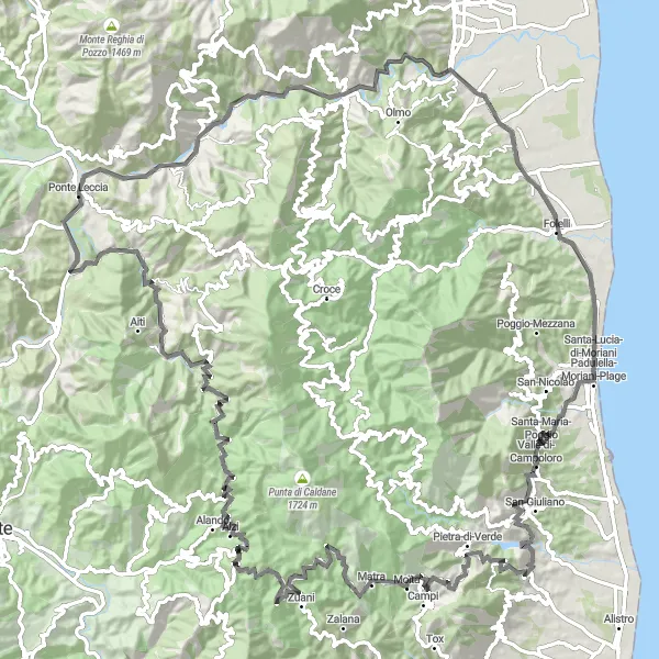 Miniature de la carte de l'inspiration cycliste "De Cervione à Valle-di-Campoloro" dans la Corse, France. Générée par le planificateur d'itinéraire cycliste Tarmacs.app