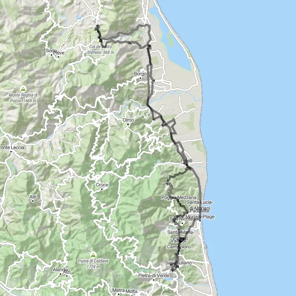 Miniature de la carte de l'inspiration cycliste "Exploration de Valle-di-Campoloro" dans la Corse, France. Générée par le planificateur d'itinéraire cycliste Tarmacs.app