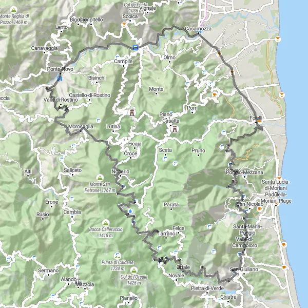 Miniature de la carte de l'inspiration cycliste "Parcours à travers Valle-d'Alesani" dans la Corse, France. Générée par le planificateur d'itinéraire cycliste Tarmacs.app