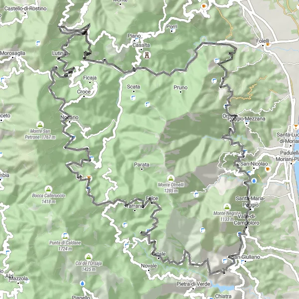Miniature de la carte de l'inspiration cycliste "Exploration de la Castagniccia" dans la Corse, France. Générée par le planificateur d'itinéraire cycliste Tarmacs.app