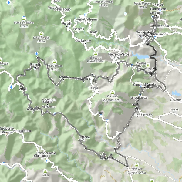 Map miniature of "Exploring the Eastern Corsican Countryside" cycling inspiration in Corse, France. Generated by Tarmacs.app cycling route planner