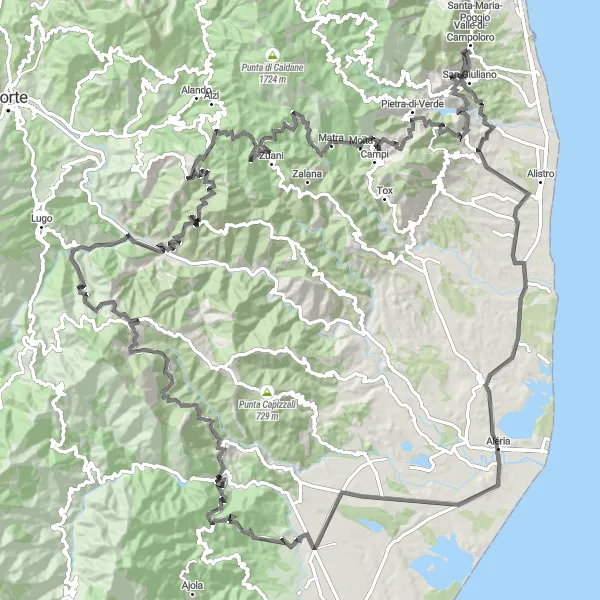 Miniature de la carte de l'inspiration cycliste "Tour autour de Cervione" dans la Corse, France. Générée par le planificateur d'itinéraire cycliste Tarmacs.app