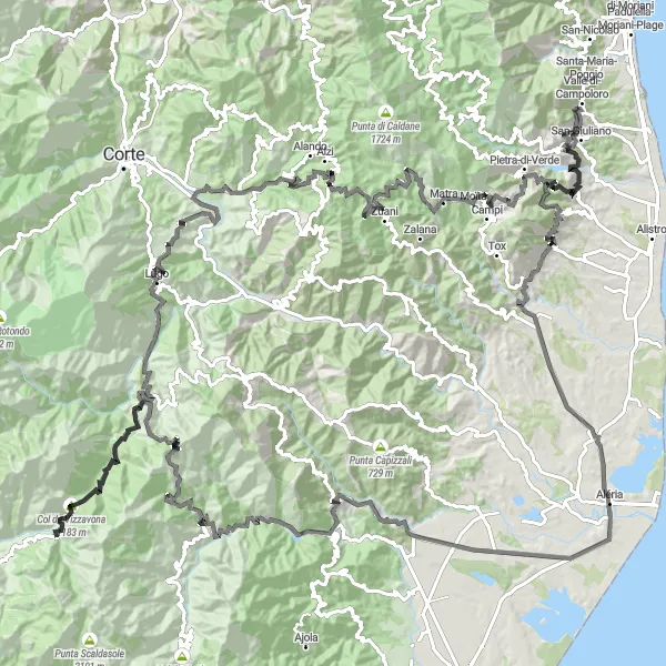 Miniature de la carte de l'inspiration cycliste "Circuit de Cervione à Monte Oppido et Monaco" dans la Corse, France. Générée par le planificateur d'itinéraire cycliste Tarmacs.app
