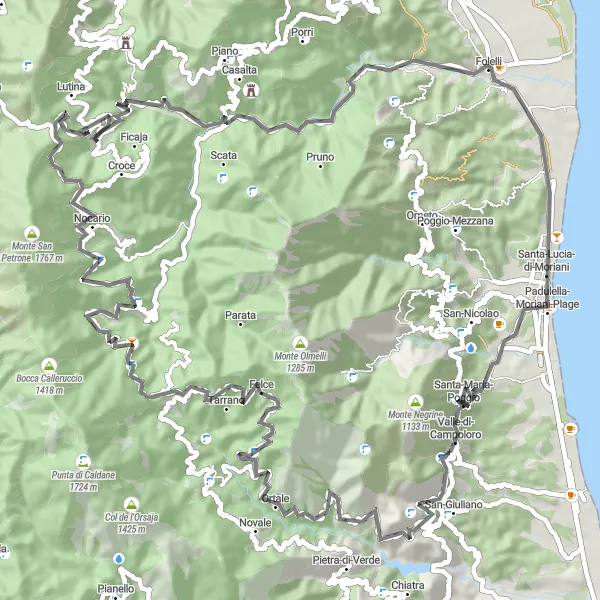 Miniature de la carte de l'inspiration cycliste "Boucle autour de Santa-Lucia-di-Moriani" dans la Corse, France. Générée par le planificateur d'itinéraire cycliste Tarmacs.app