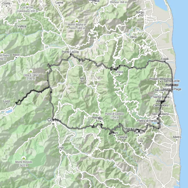 Map miniature of "Corsican Mountain Odyssey" cycling inspiration in Corse, France. Generated by Tarmacs.app cycling route planner