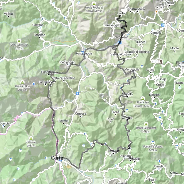 Miniature de la carte de l'inspiration cycliste "Boucle autour de Corte" dans la Corse, France. Générée par le planificateur d'itinéraire cycliste Tarmacs.app