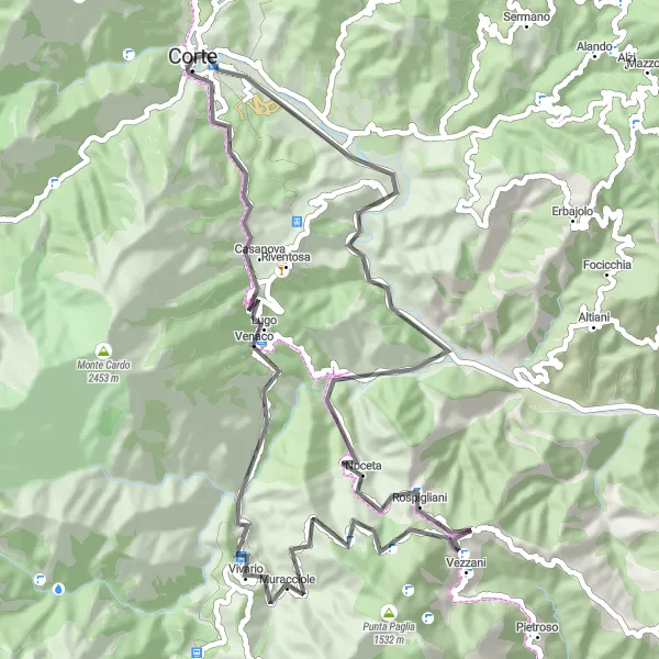 Miniature de la carte de l'inspiration cycliste "La Route des Montagnes" dans la Corse, France. Générée par le planificateur d'itinéraire cycliste Tarmacs.app