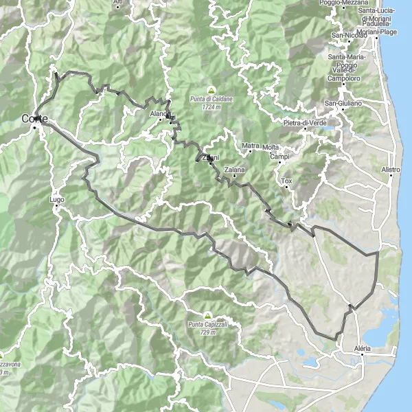 Miniature de la carte de l'inspiration cycliste "Le Circuit des Sommets" dans la Corse, France. Générée par le planificateur d'itinéraire cycliste Tarmacs.app