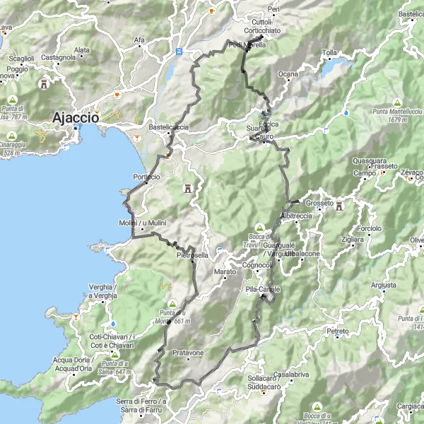 Map miniature of "Cuttoli-Corticchiato Escape Ride" cycling inspiration in Corse, France. Generated by Tarmacs.app cycling route planner