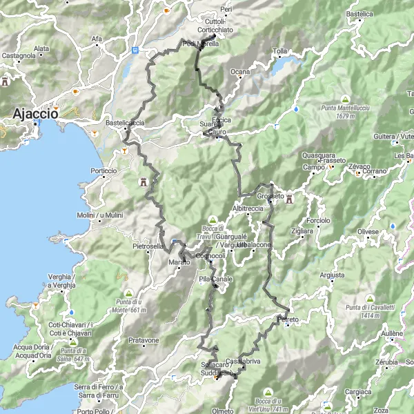 Miniature de la carte de l'inspiration cycliste "Défi cycliste en Corse du Sud" dans la Corse, France. Générée par le planificateur d'itinéraire cycliste Tarmacs.app