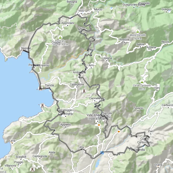 Map miniature of "Sagone Challenge" cycling inspiration in Corse, France. Generated by Tarmacs.app cycling route planner