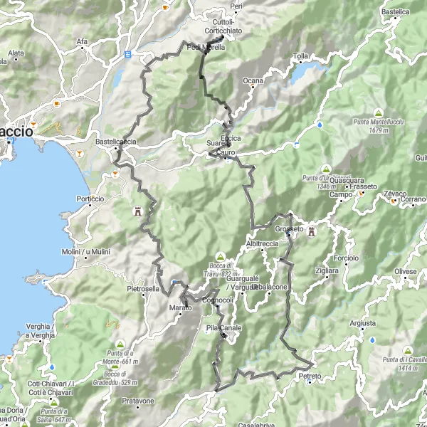 Map miniature of "Grosseto Grind" cycling inspiration in Corse, France. Generated by Tarmacs.app cycling route planner