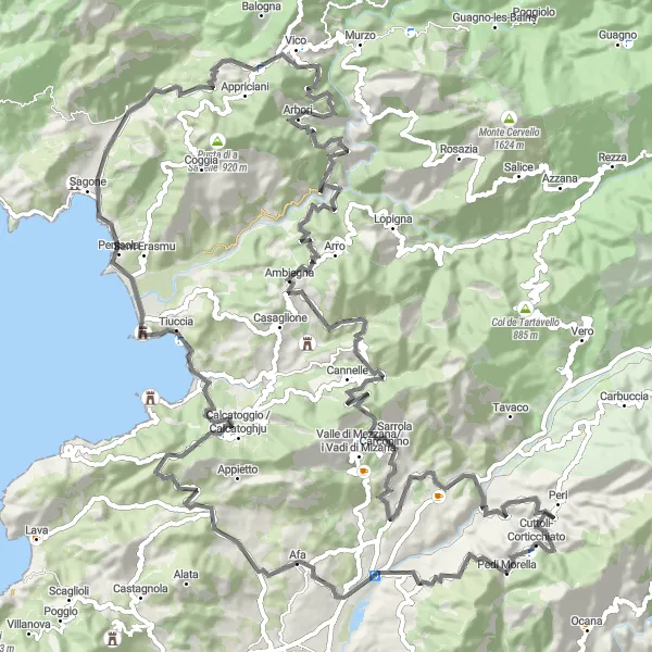 Map miniature of "Cuttoli-Corticchiato Discovery Tour" cycling inspiration in Corse, France. Generated by Tarmacs.app cycling route planner