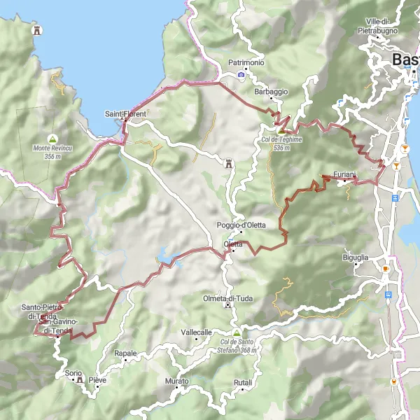 Map miniature of "A Scenic Gravel Trek through Furiani" cycling inspiration in Corse, France. Generated by Tarmacs.app cycling route planner