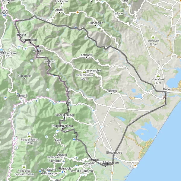 Map miniature of "Punta di Paldomo - Ghisonaccia Loop" cycling inspiration in Corse, France. Generated by Tarmacs.app cycling route planner