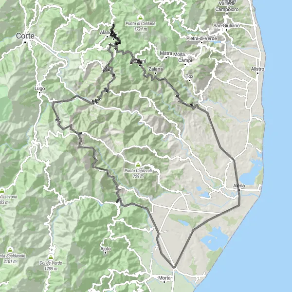 Map miniature of "Ghisonaccia - Col de Broncutello - Rospigliani - Aléria" cycling inspiration in Corse, France. Generated by Tarmacs.app cycling route planner