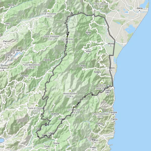 Map miniature of "Ghisonaccia - Solenzara - Col de Bavella" cycling inspiration in Corse, France. Generated by Tarmacs.app cycling route planner