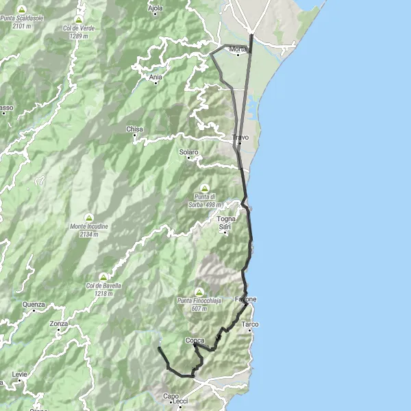 Miniature de la carte de l'inspiration cycliste "Escapade côtière: Ghisonaccia - Solenzara" dans la Corse, France. Générée par le planificateur d'itinéraire cycliste Tarmacs.app