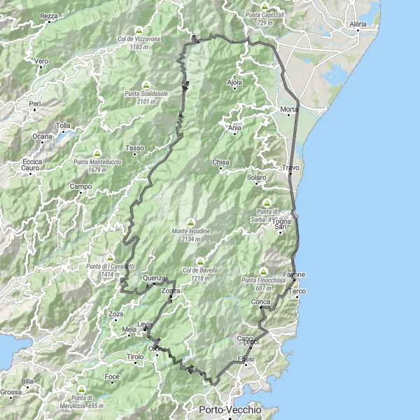 Map miniature of "Ultimate Ghisonaccia - Col de Broncutello Tour" cycling inspiration in Corse, France. Generated by Tarmacs.app cycling route planner