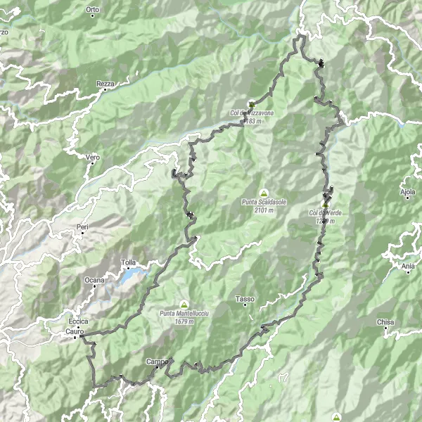 Miniature de la carte de l'inspiration cycliste "Défi des Sommets Corses" dans la Corse, France. Générée par le planificateur d'itinéraire cycliste Tarmacs.app