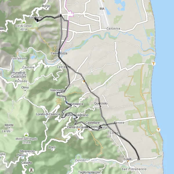 Miniature de la carte de l'inspiration cycliste "Escapade en Casinca" dans la Corse, France. Générée par le planificateur d'itinéraire cycliste Tarmacs.app