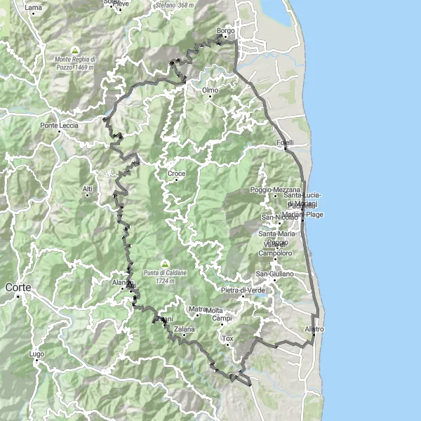 Map miniature of "Eastern Coastal Expedition" cycling inspiration in Corse, France. Generated by Tarmacs.app cycling route planner