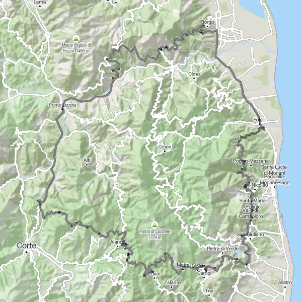 Map miniature of "Epic Road Cycling Adventure: Ponte-Novu, Col du Campo, and More" cycling inspiration in Corse, France. Generated by Tarmacs.app cycling route planner