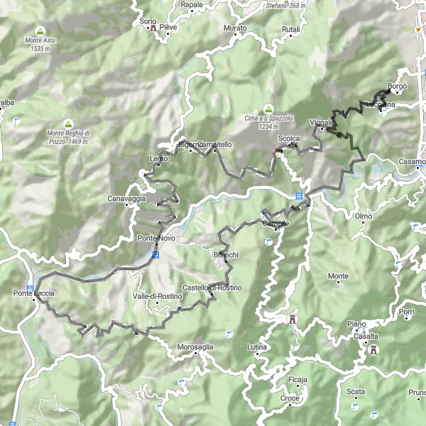 Miniature de la carte de l'inspiration cycliste "Parcours des Collines" dans la Corse, France. Générée par le planificateur d'itinéraire cycliste Tarmacs.app