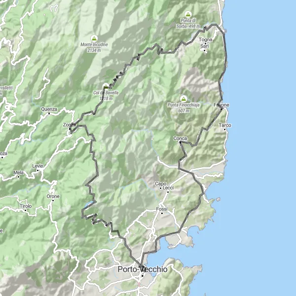 Miniature de la carte de l'inspiration cycliste "Le Tour de la Route des Lacs à Moto" dans la Corse, France. Générée par le planificateur d'itinéraire cycliste Tarmacs.app