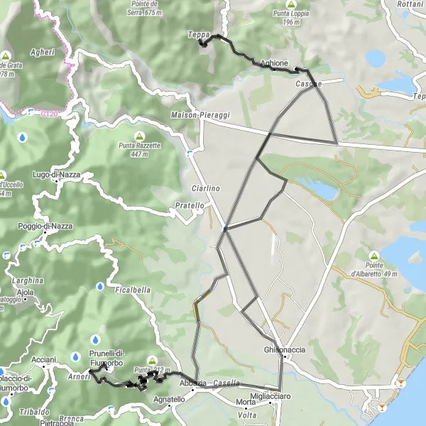Miniature de la carte de l'inspiration cycliste "Paysages Corses à la Carte" dans la Corse, France. Générée par le planificateur d'itinéraire cycliste Tarmacs.app