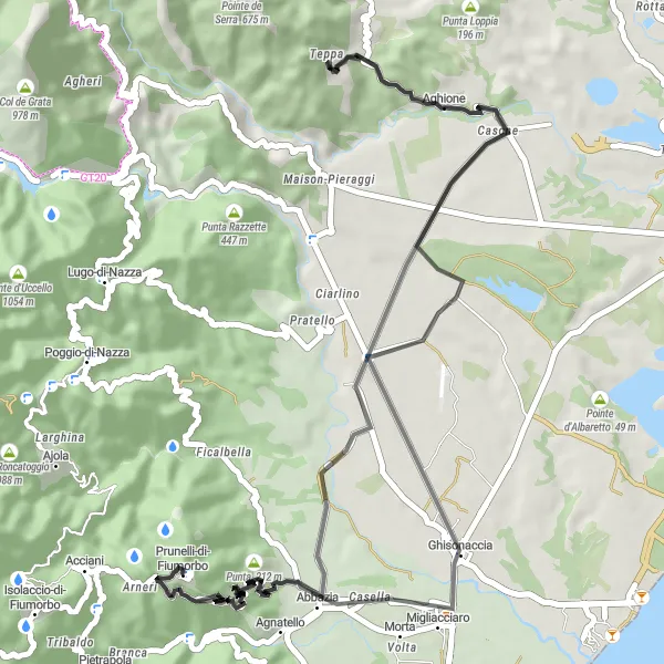 Miniature de la carte de l'inspiration cycliste "Route des Collines Corses" dans la Corse, France. Générée par le planificateur d'itinéraire cycliste Tarmacs.app