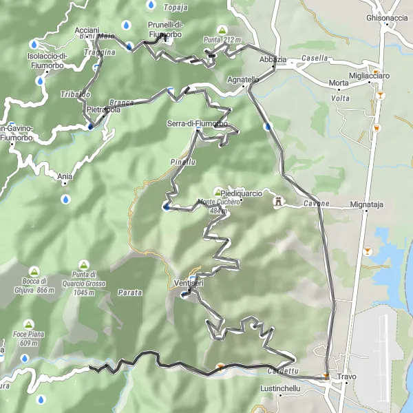 Map miniature of "Prunelli-di-Fiumorbo to Mont Alto" cycling inspiration in Corse, France. Generated by Tarmacs.app cycling route planner