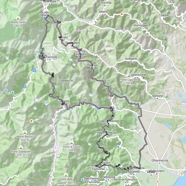 Miniature de la carte de l'inspiration cycliste "Circuit des cols de montagne autour de Prunelli-di-Fiumorbo" dans la Corse, France. Générée par le planificateur d'itinéraire cycliste Tarmacs.app