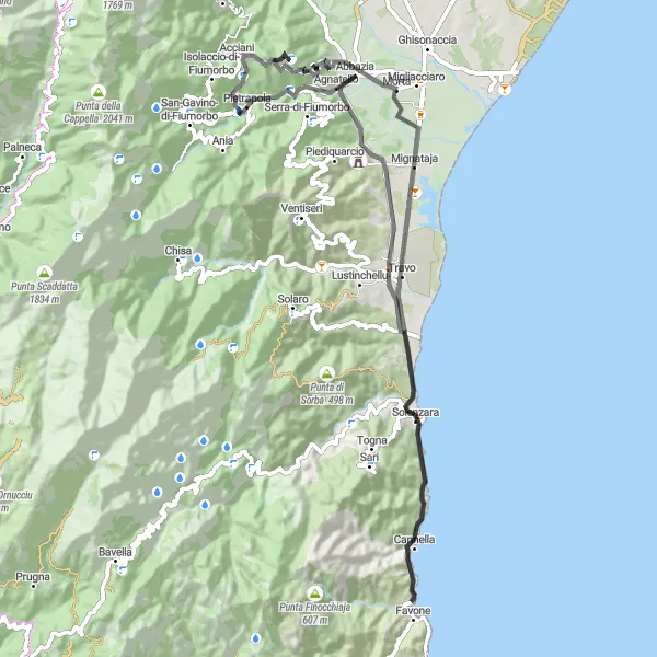 Miniature de la carte de l'inspiration cycliste "Route des Montagnes Corses" dans la Corse, France. Générée par le planificateur d'itinéraire cycliste Tarmacs.app