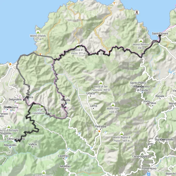 Miniature de la carte de l'inspiration cycliste "Aventure à travers les montagnes de Corse" dans la Corse, France. Générée par le planificateur d'itinéraire cycliste Tarmacs.app